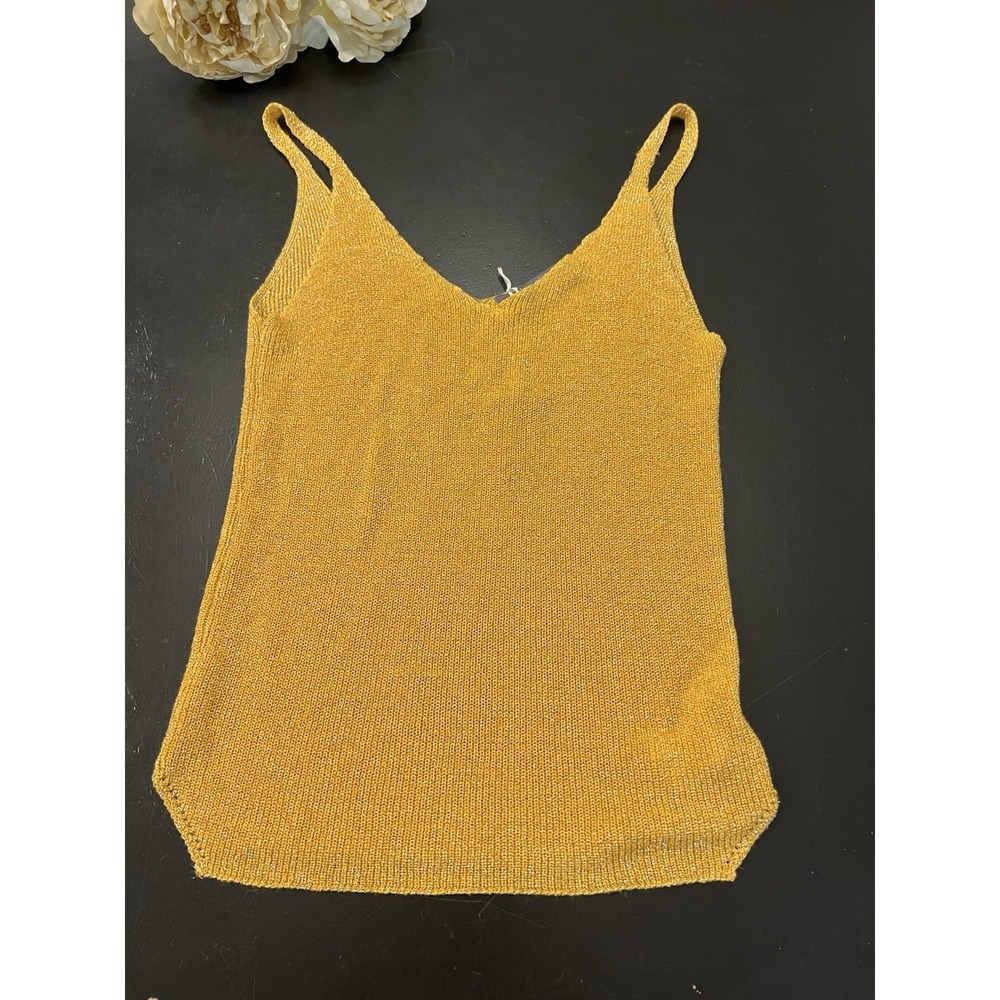 Grey Violet NWT Boutique Gold Yellow Metallic Thread Knit Sleeves Tank Blouse S